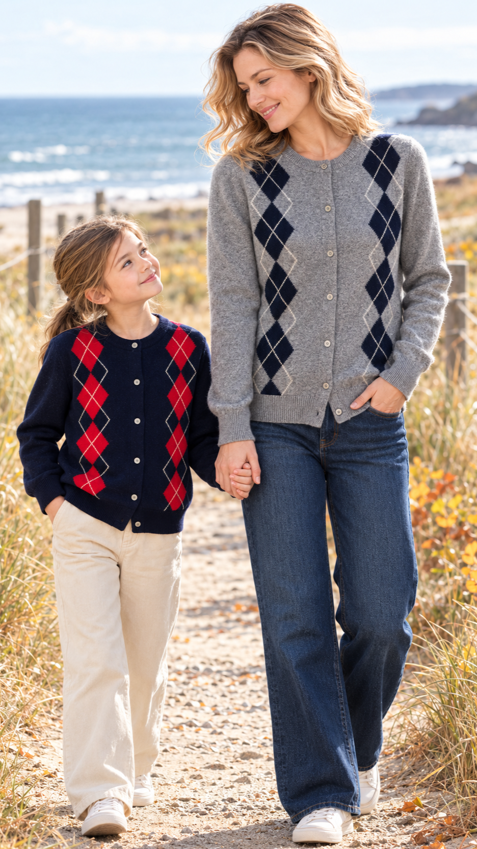 Mom and daughter out together in matching Argyle Wool knit sweaters.