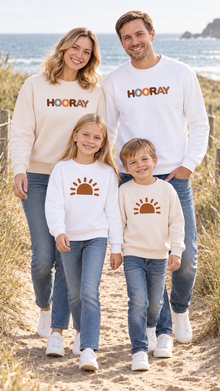 Family out together in matching Hooray Sun sweatshirts.