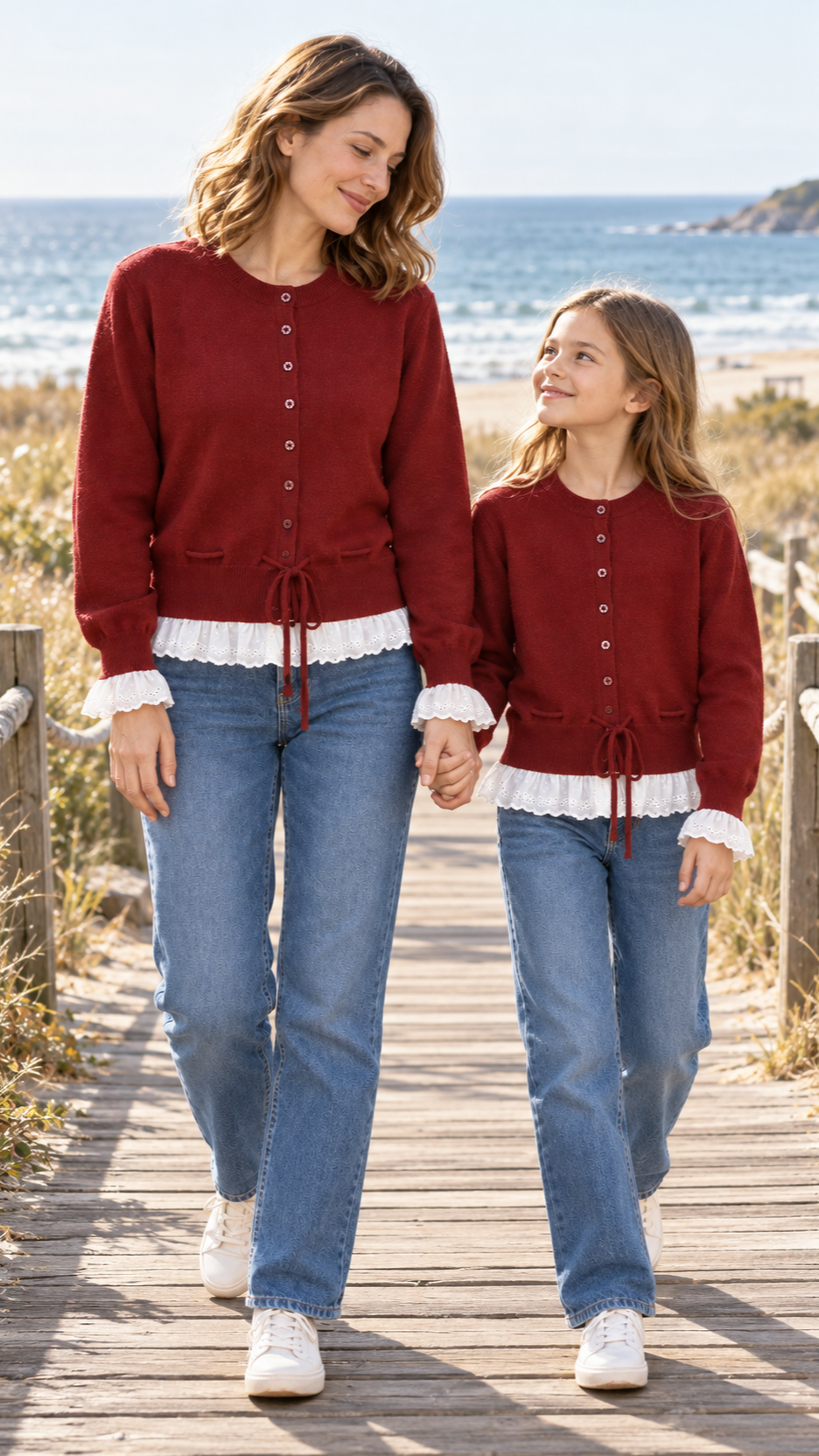 Mom and daughter out together in matching Burgundy Ruffle knit sweaters.