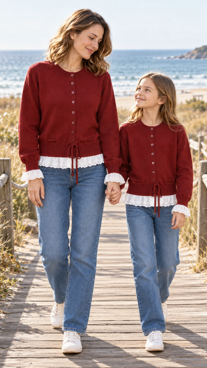 Mom and daughter out together in matching Burgundy Ruffle knit sweaters.
