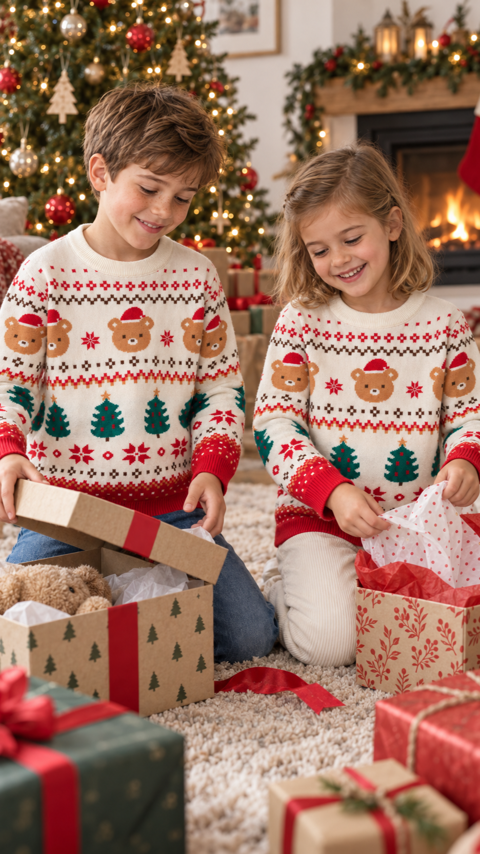 Siblings opening gifts on Christmas morning in matching teddy bear Fair Isle sweaters.