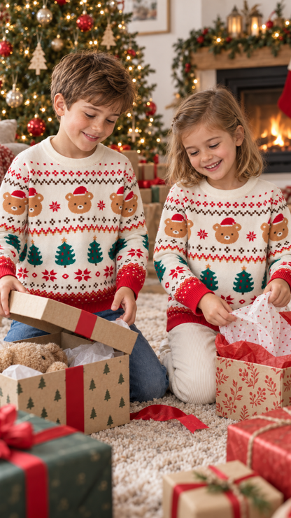Siblings opening gifts on Christmas morning in matching teddy bear Fair Isle sweaters.