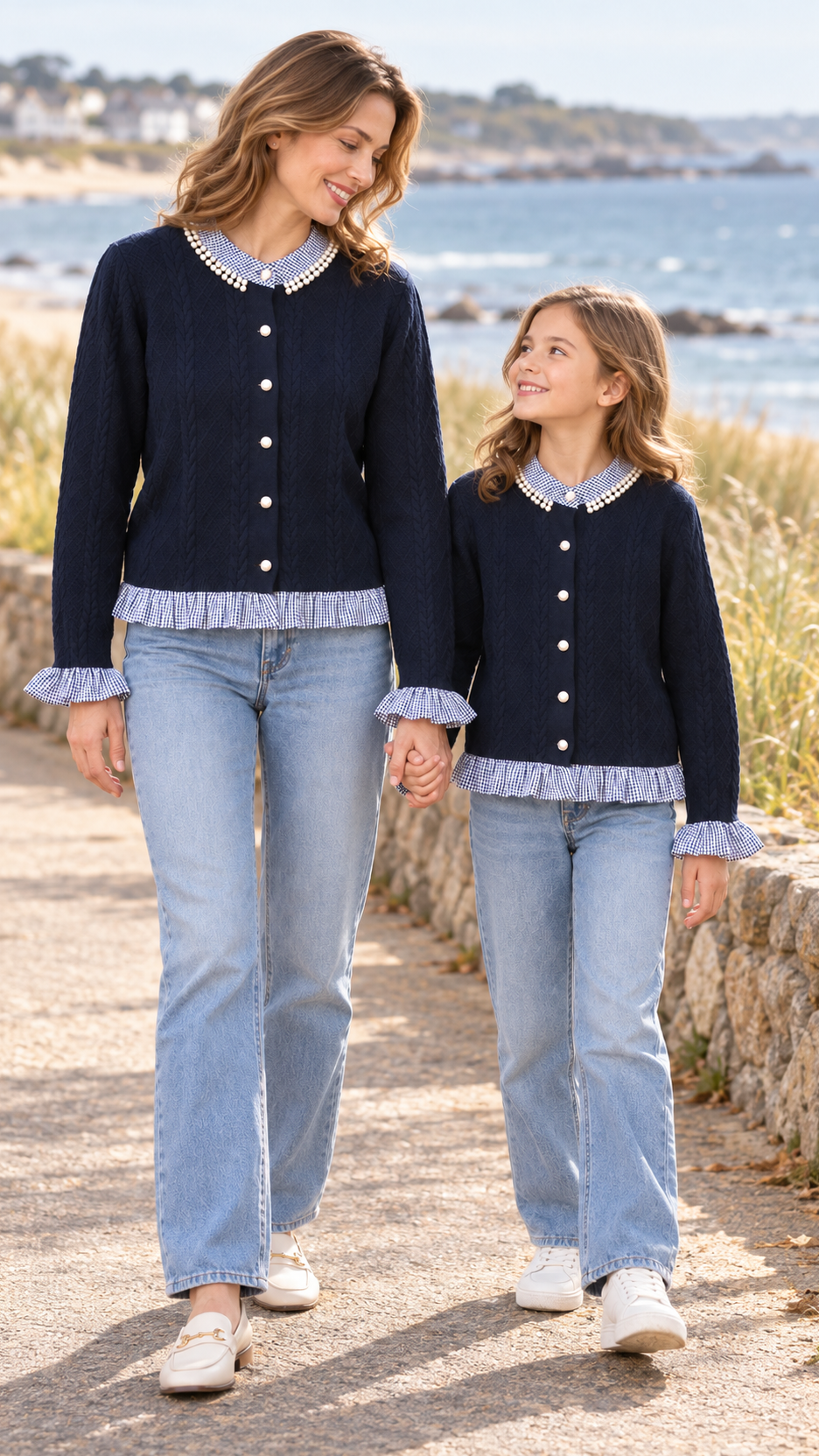 Maman et fille sorties ensemble en pulls en tricot Navy Pearl Gingham assortis.