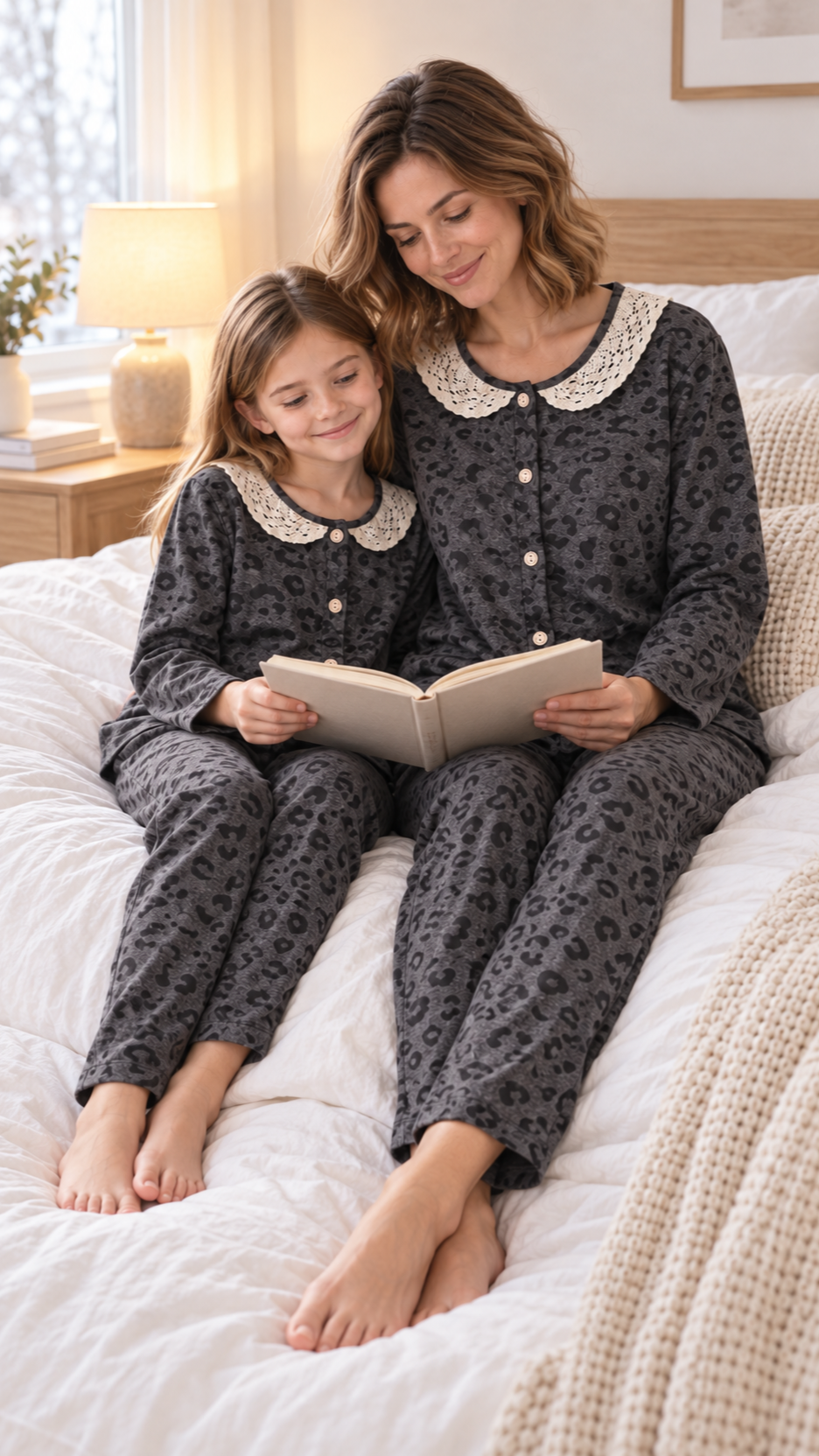 Family in matching Charcoal Leopard Lace Christmas pajamas on Christmas morning by the tree.