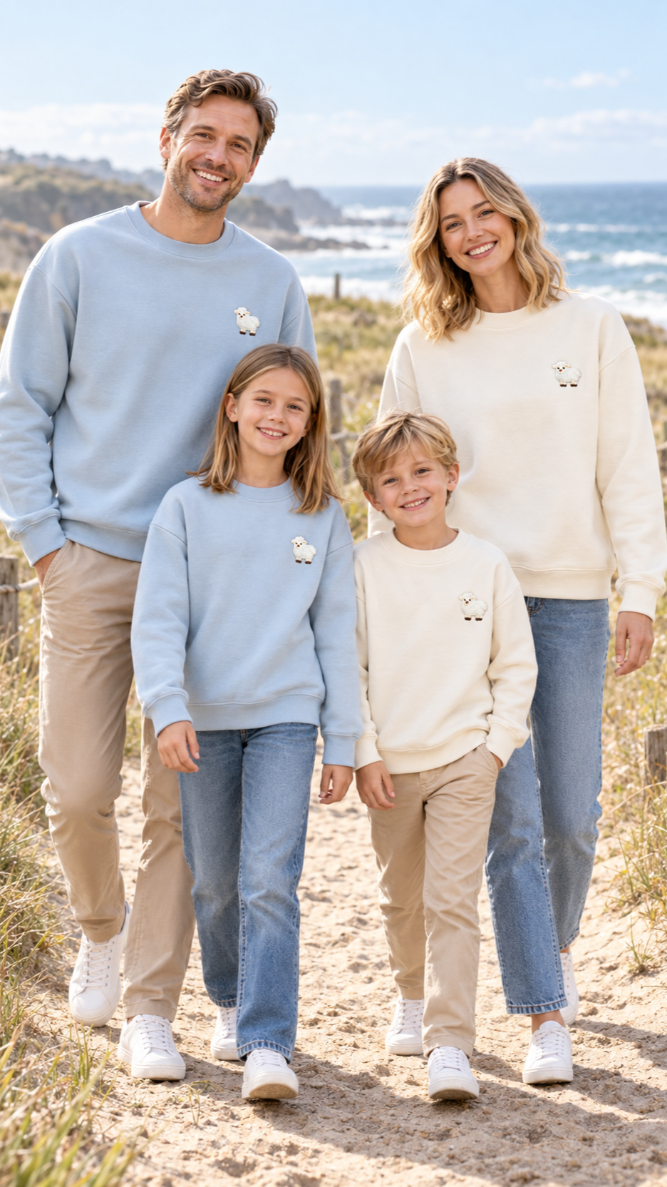 Family out together in matching Little Lamb sweatshirts.