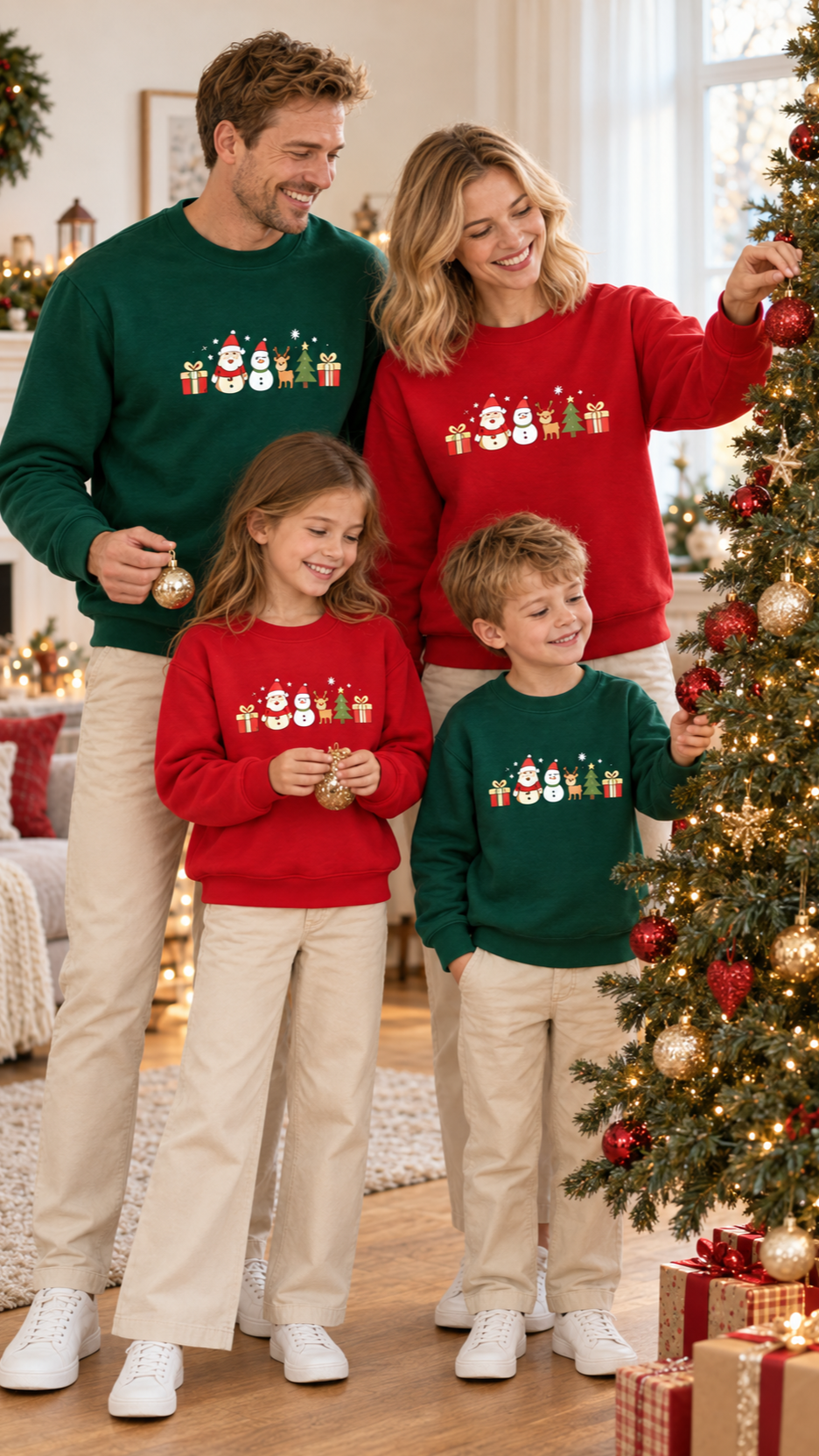 Family in matching Santa and Friends Christmas pajamas on Christmas morning by the tree.