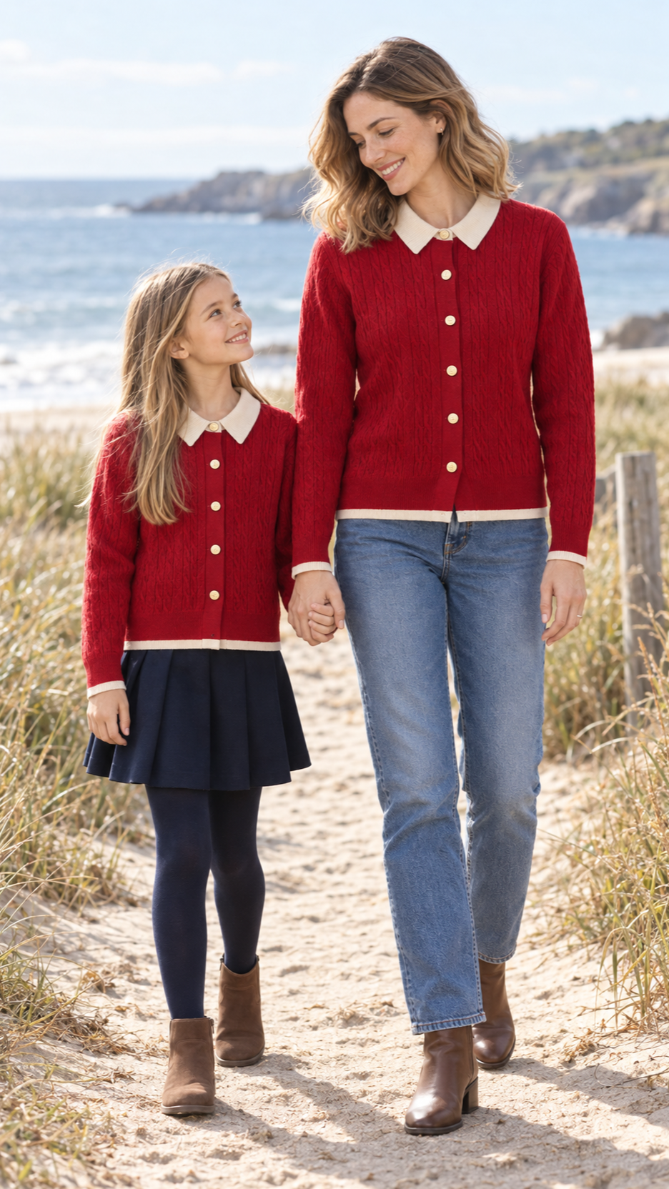 Мама и дочь вместе на прогулке в одинаковых вязаных свитерах Red Cable Cardigan.