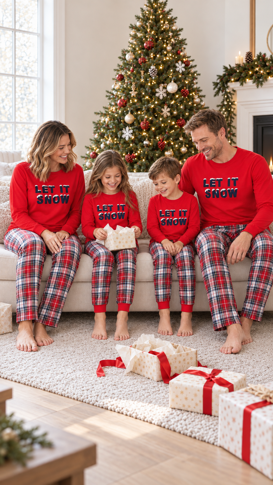 Family in matching Let It Snow Christmas pajamas on Christmas morning by the tree.