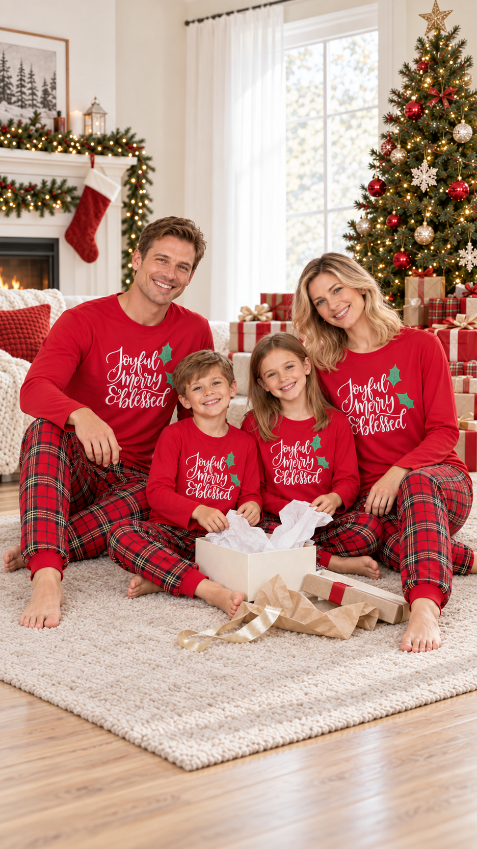 Rodina v ladících vánočních pyžamech Joyful Merry Blessed u stromečku o vánočním ránu