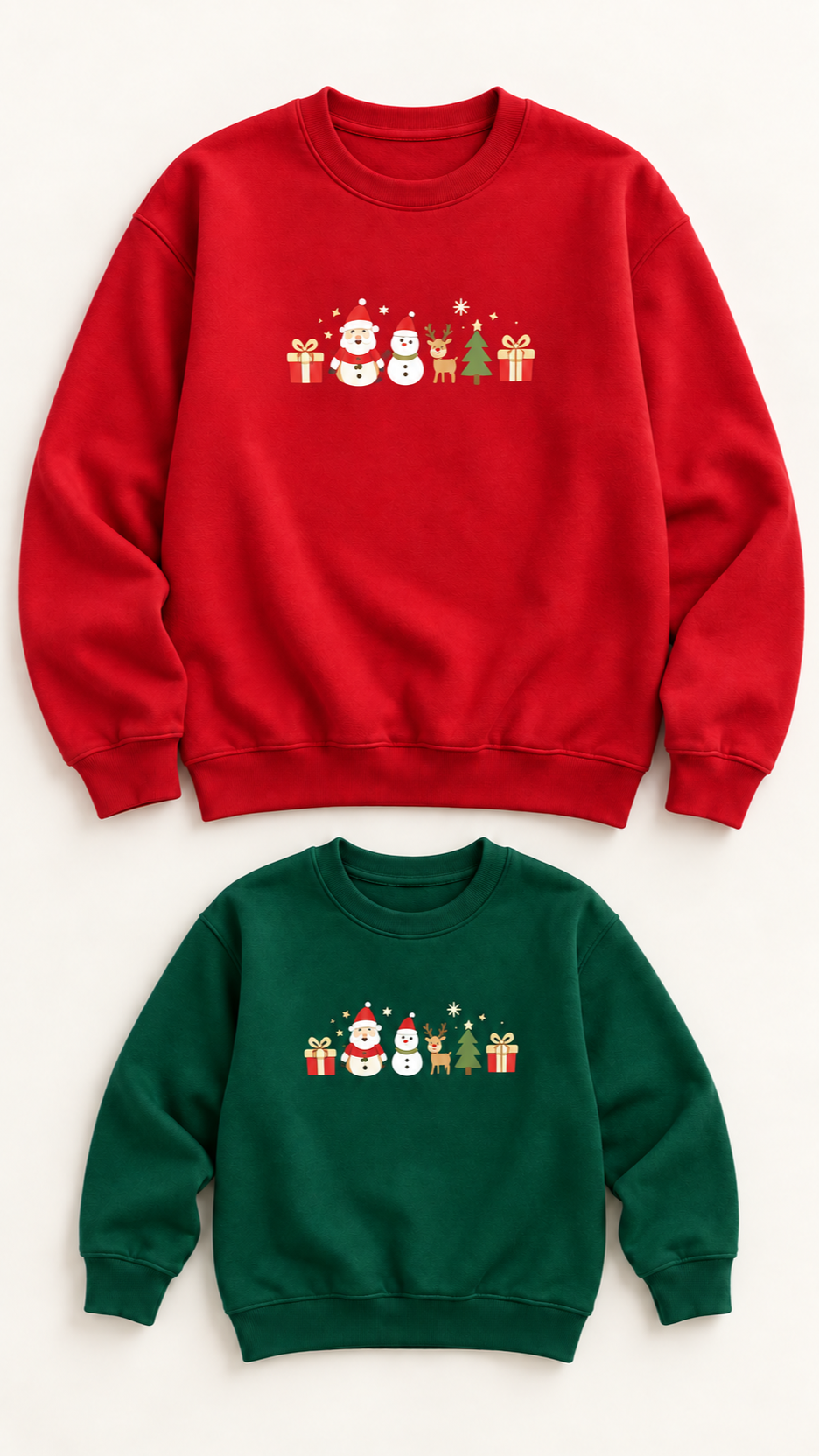 Santa and Friends matching Christmas pajama sets for an adult and a child, laid out without models.