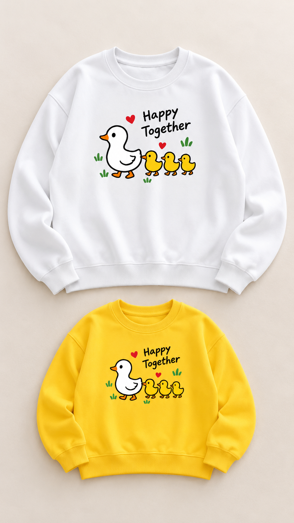 Duck Parade matching sweatshirts for an adult and a child, laid out without models.