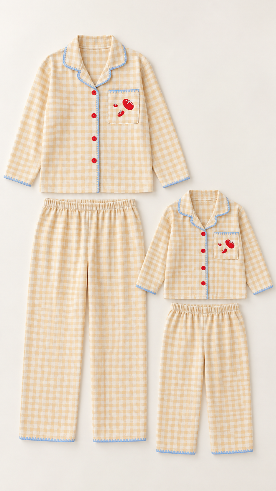 Tomato Gingham matching Christmas pajama sets for an adult and a child, laid out without models.