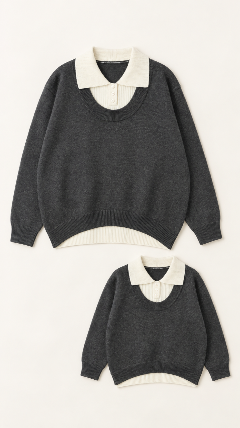 Charcoal Cream Collar matching knit sweaters for a woman and a child, laid out without models.