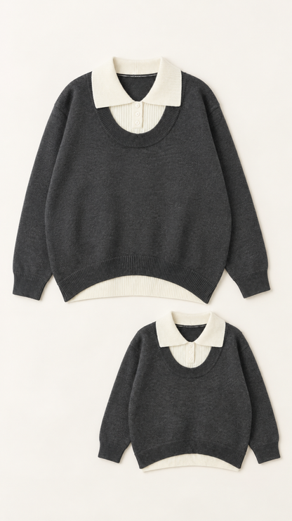 Charcoal Cream Collar matching knit sweaters for a woman and a child, laid out without models.