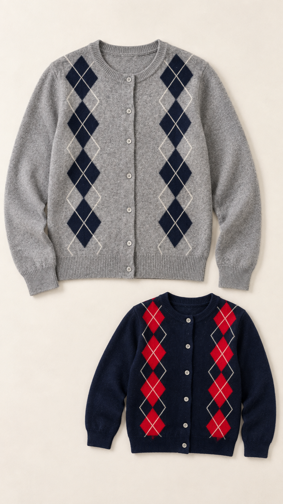 Argyle Wool matching knit sweaters for a woman and a child, laid out without models.