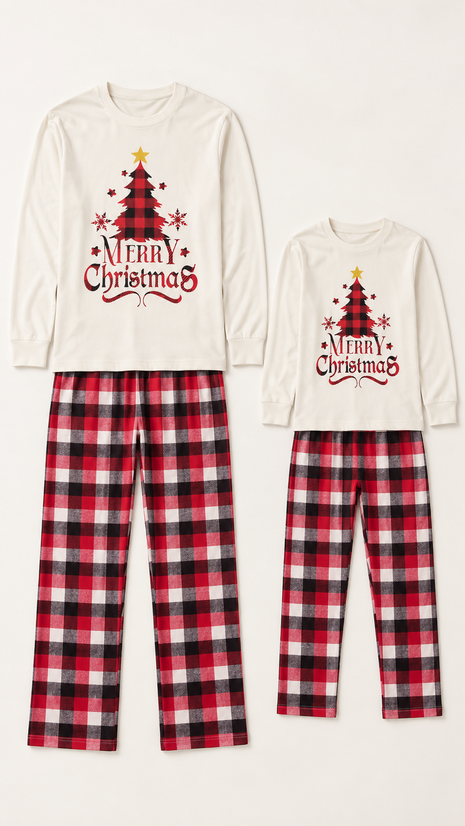Buffalo Plaid Tree matching Christmas pajama sets for an adult and a child, laid out without models.
