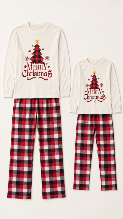 Buffalo Plaid Tree matching Christmas pajama sets for an adult and a child, laid out without models.