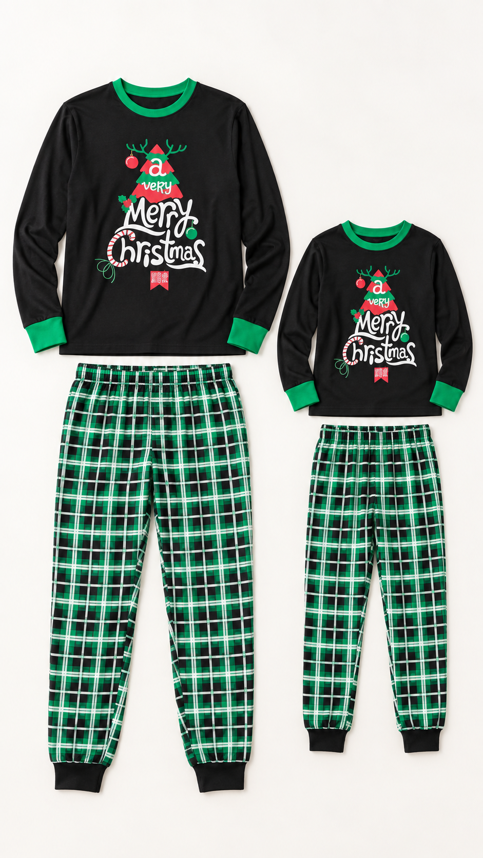 Green Plaid Merry Tree matching Christmas pajama sets for an adult and a child, laid out without models.