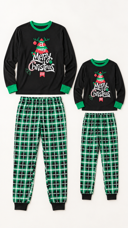Green Plaid Merry Tree matching Christmas pajama sets for an adult and a child, laid out without models.