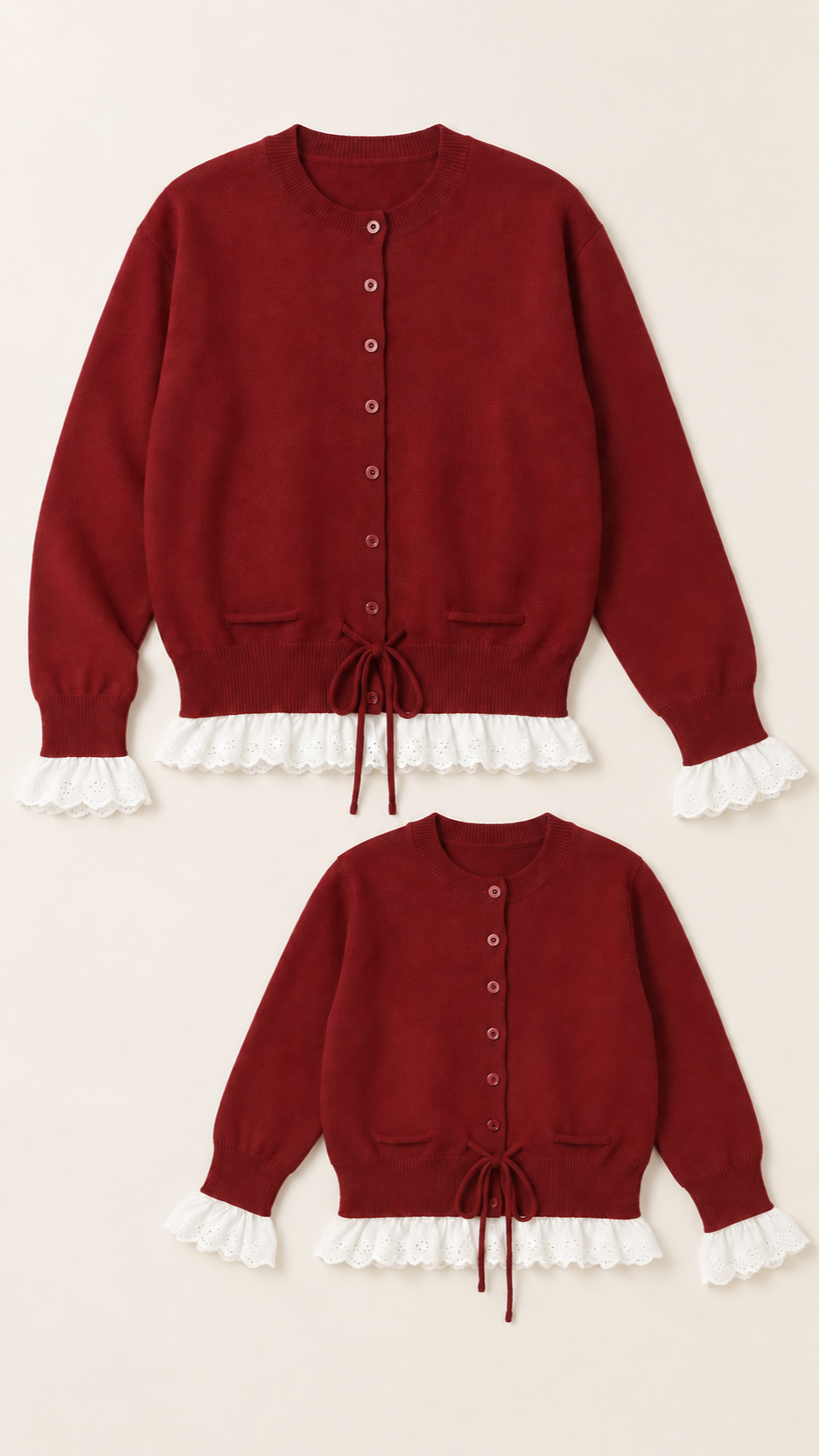 Burgundy Ruffle matching knit sweaters for a woman and a child, laid out without models.