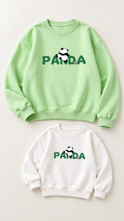 Panda matching sweatshirts for an adult and a child, laid out without models.