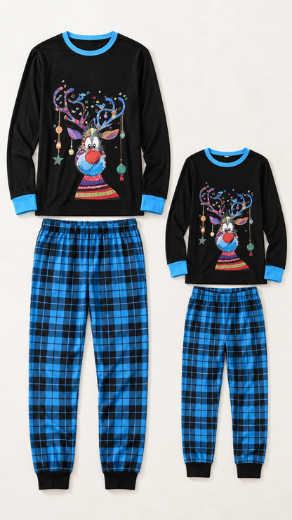 Blue Plaid Reindeer matching Christmas pajama sets for an adult and a child, laid out without models.