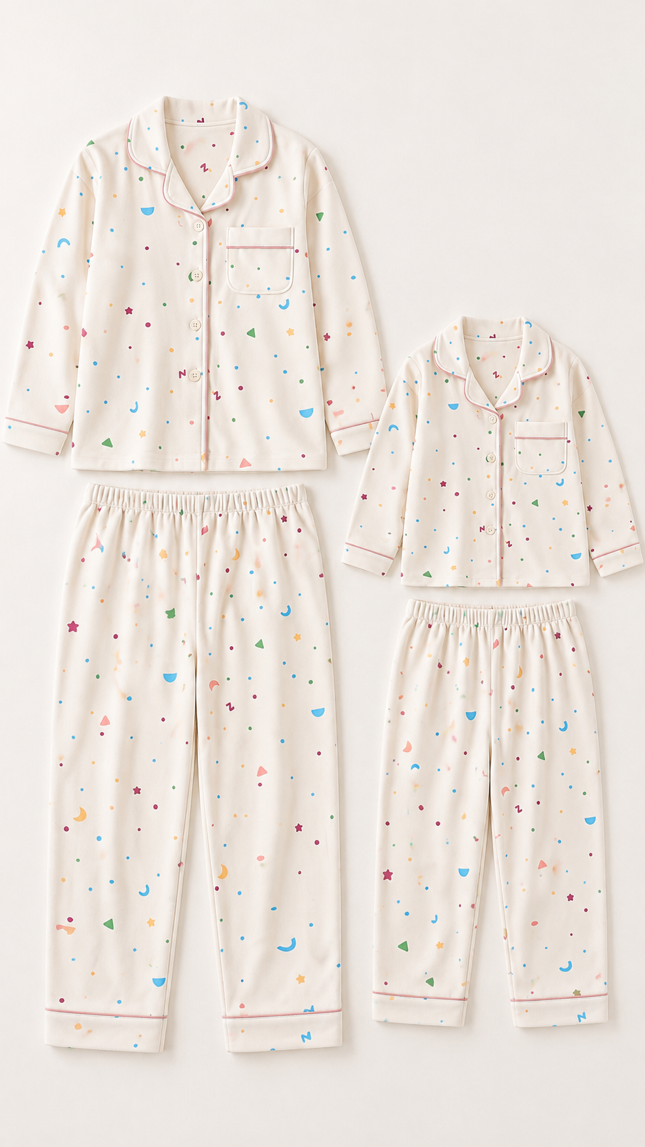 Confetti Dots matching Christmas pajama sets for an adult and a child, laid out without models.