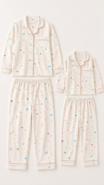 Confetti Dots matching Christmas pajama sets for an adult and a child, laid out without models.