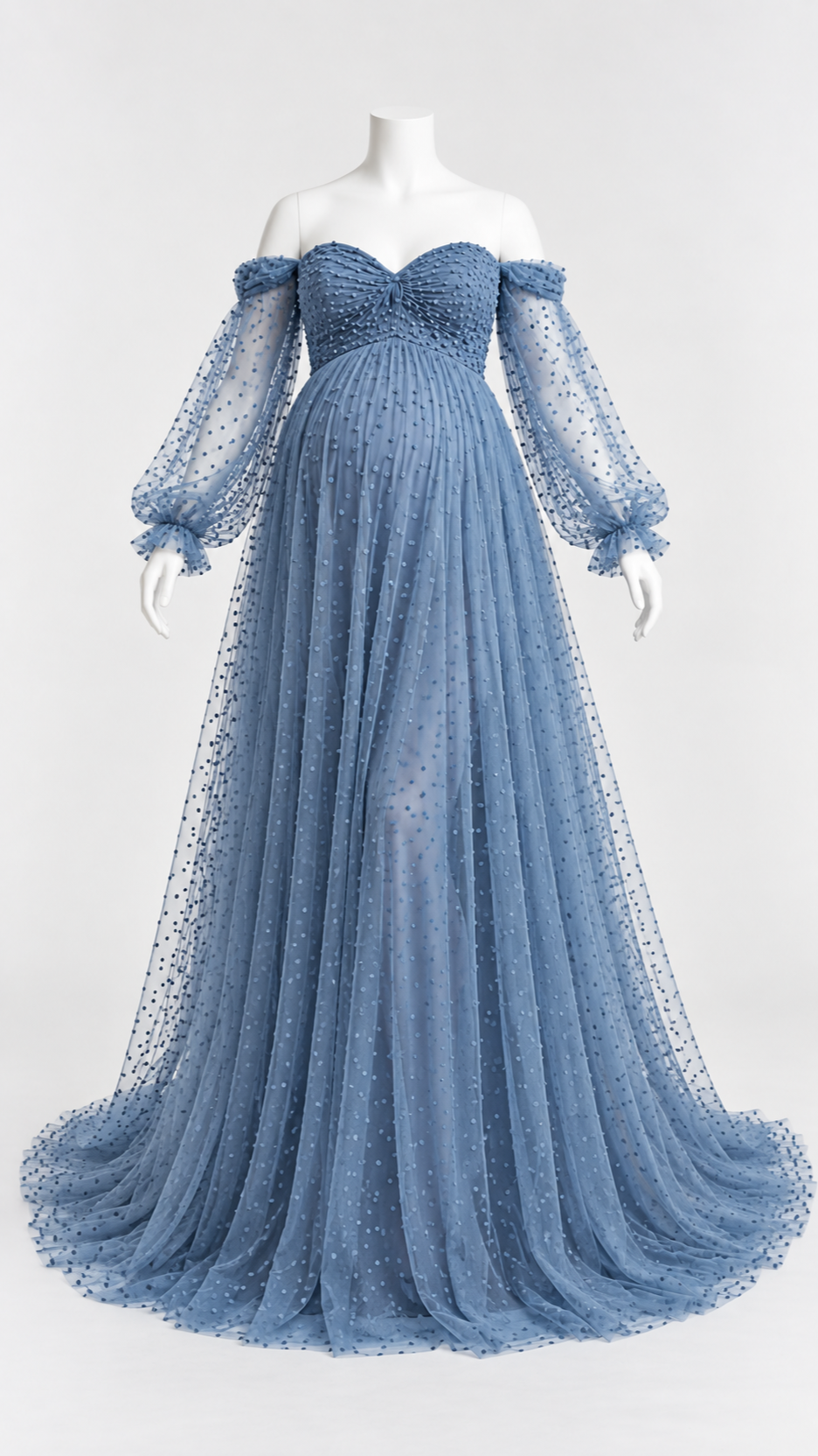 Dusty blue dotted tulle off-shoulder maternity gown with sheer balloon sleeves