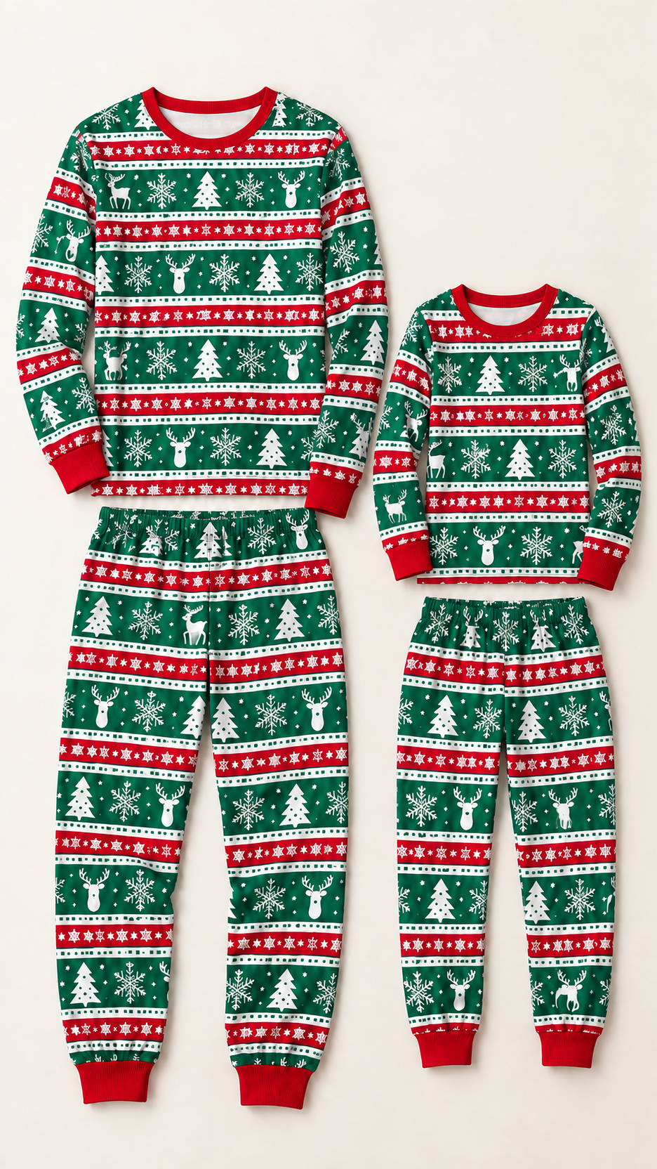 Evergreen Fair Isle matching Christmas pajama sets for an adult and a child, laid out without models.
