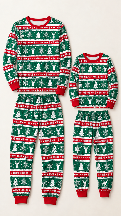Evergreen Fair Isle matching Christmas pajama sets for an adult and a child, laid out without models.