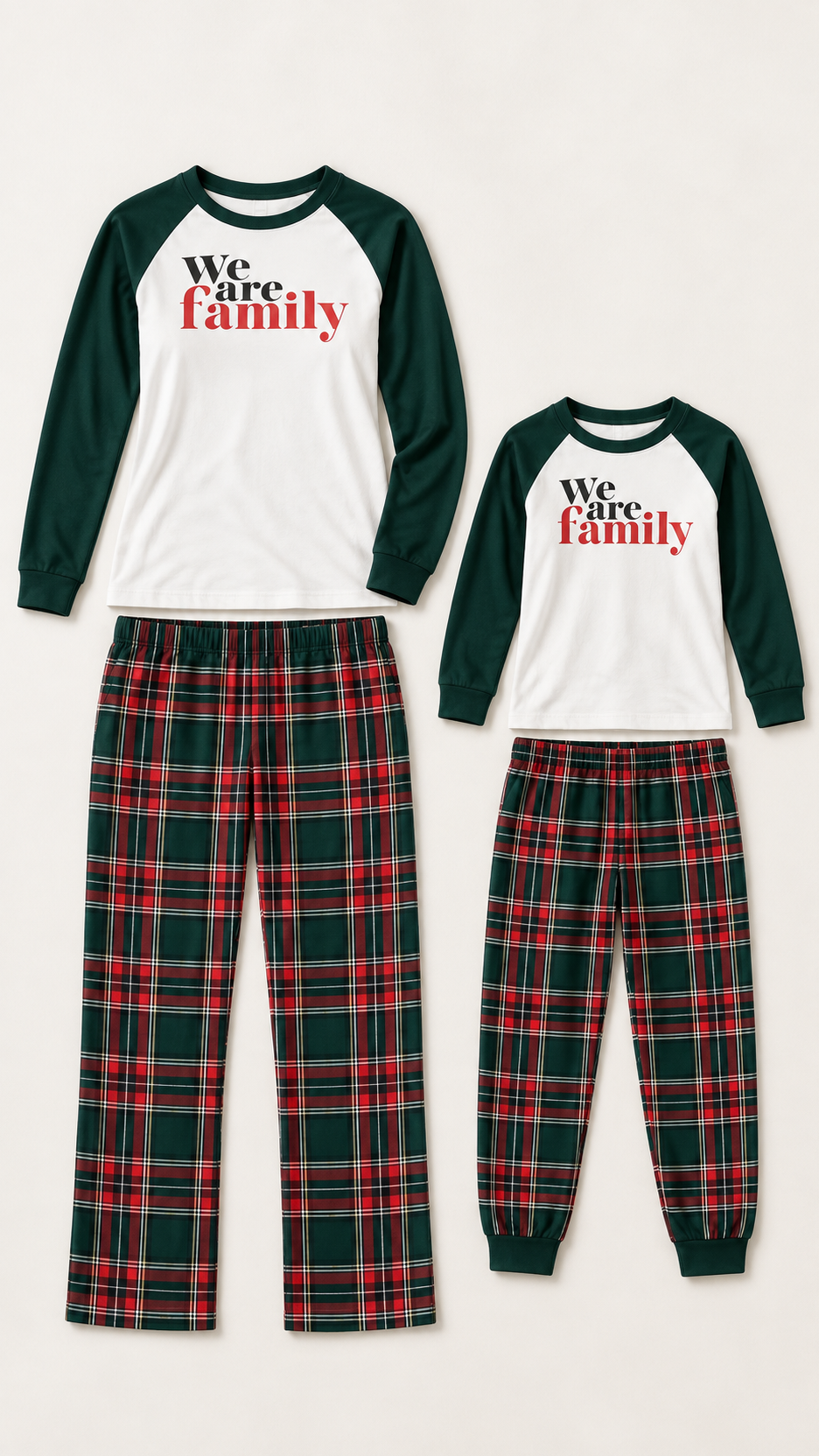 We Are Family Evergreen matching Christmas pajama sets for an adult and a child, laid out without models.