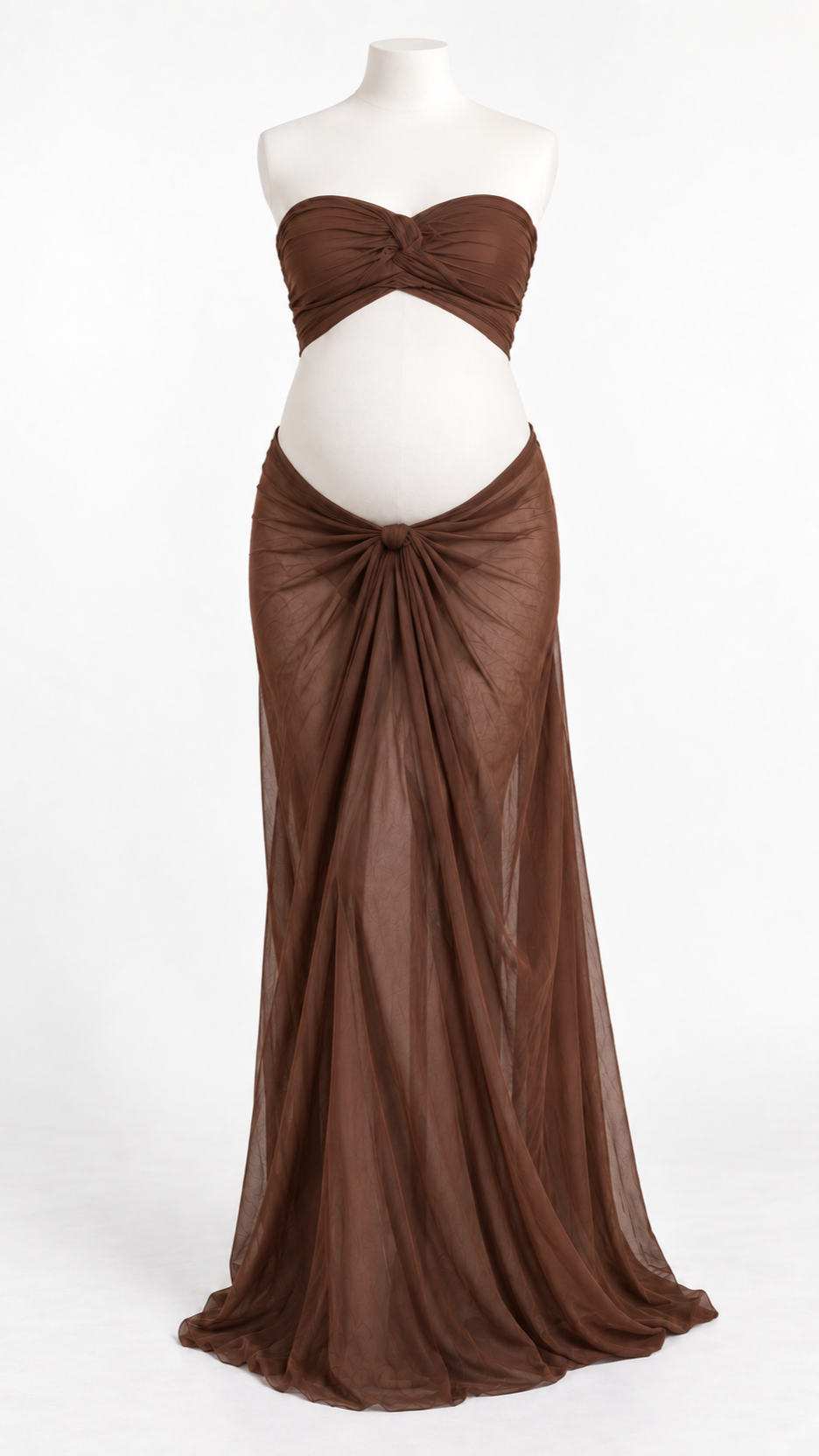 Chocolate brown maternity photoshoot set with a ruched bandeau top and draped skirt on a dress form