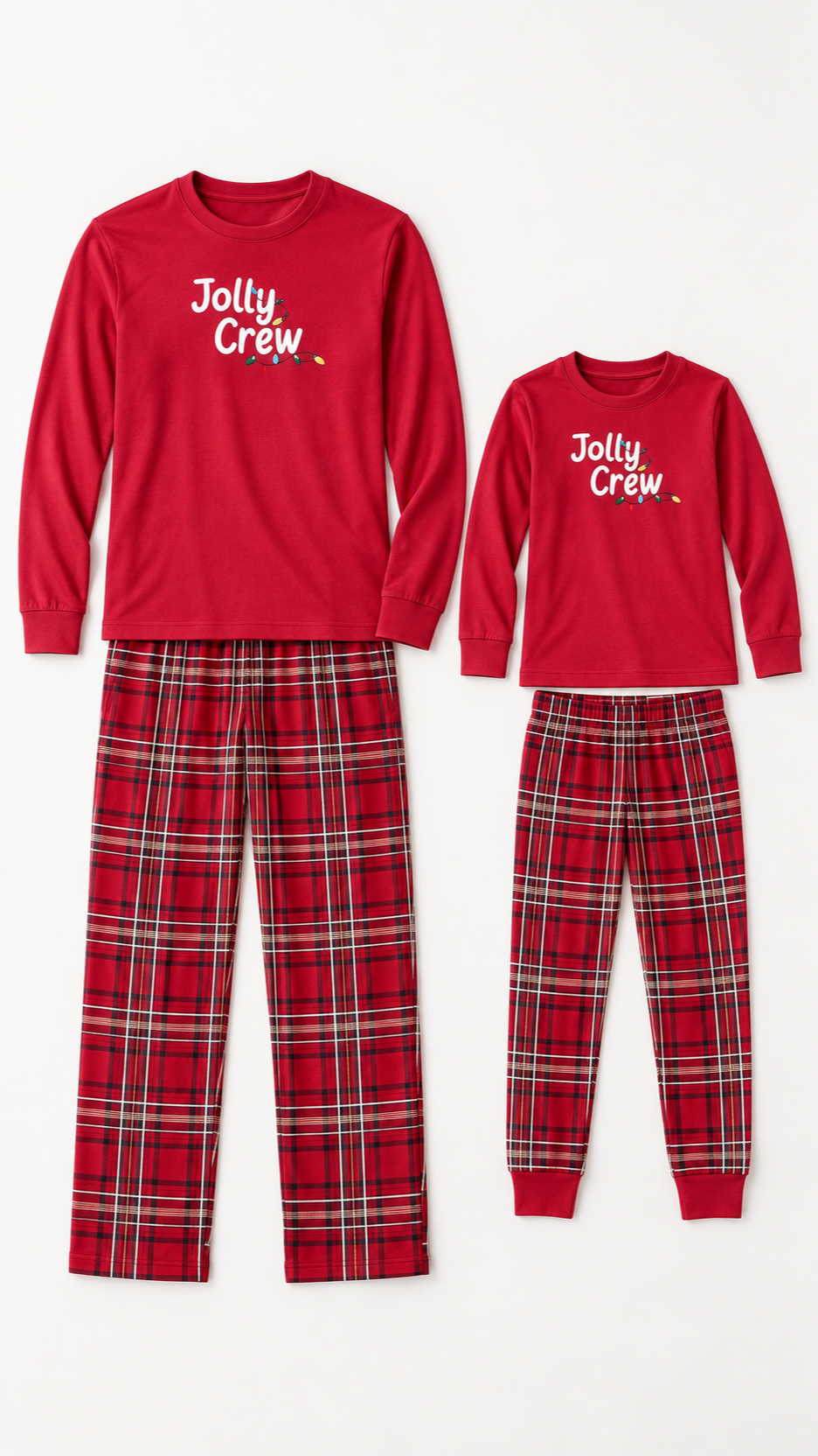 Ladící vánoční pyžamové sety Jolly Crew pro dospělého a dítě, rozložené bez modelů