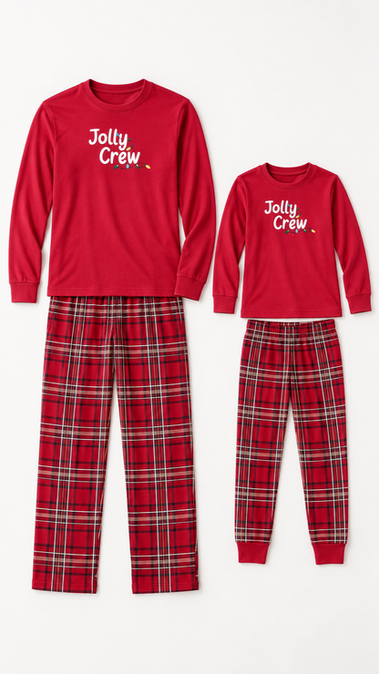 Ladící vánoční pyžamové sety Jolly Crew pro dospělého a dítě, rozložené bez modelů