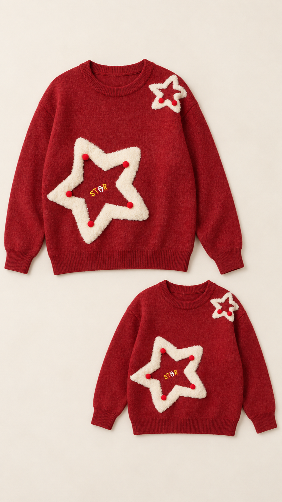 Pom-Pom Star matching knit sweaters for an adult and a child, laid out without models.