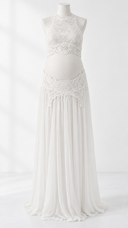 White lace halter crop top and long flowing skirt maternity set on a dress form