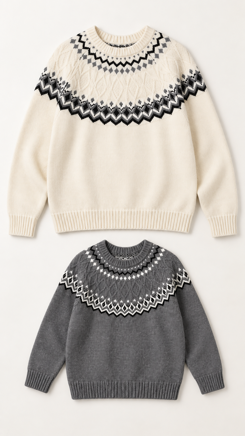 Nordic Yoke matching knit sweaters for an adult and a child, laid out without models.