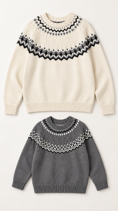 Nordic Yoke matching knit sweaters for an adult and a child, laid out without models.