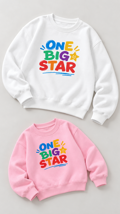 One Big Star matching sweatshirts for an adult and a child, laid out without models.