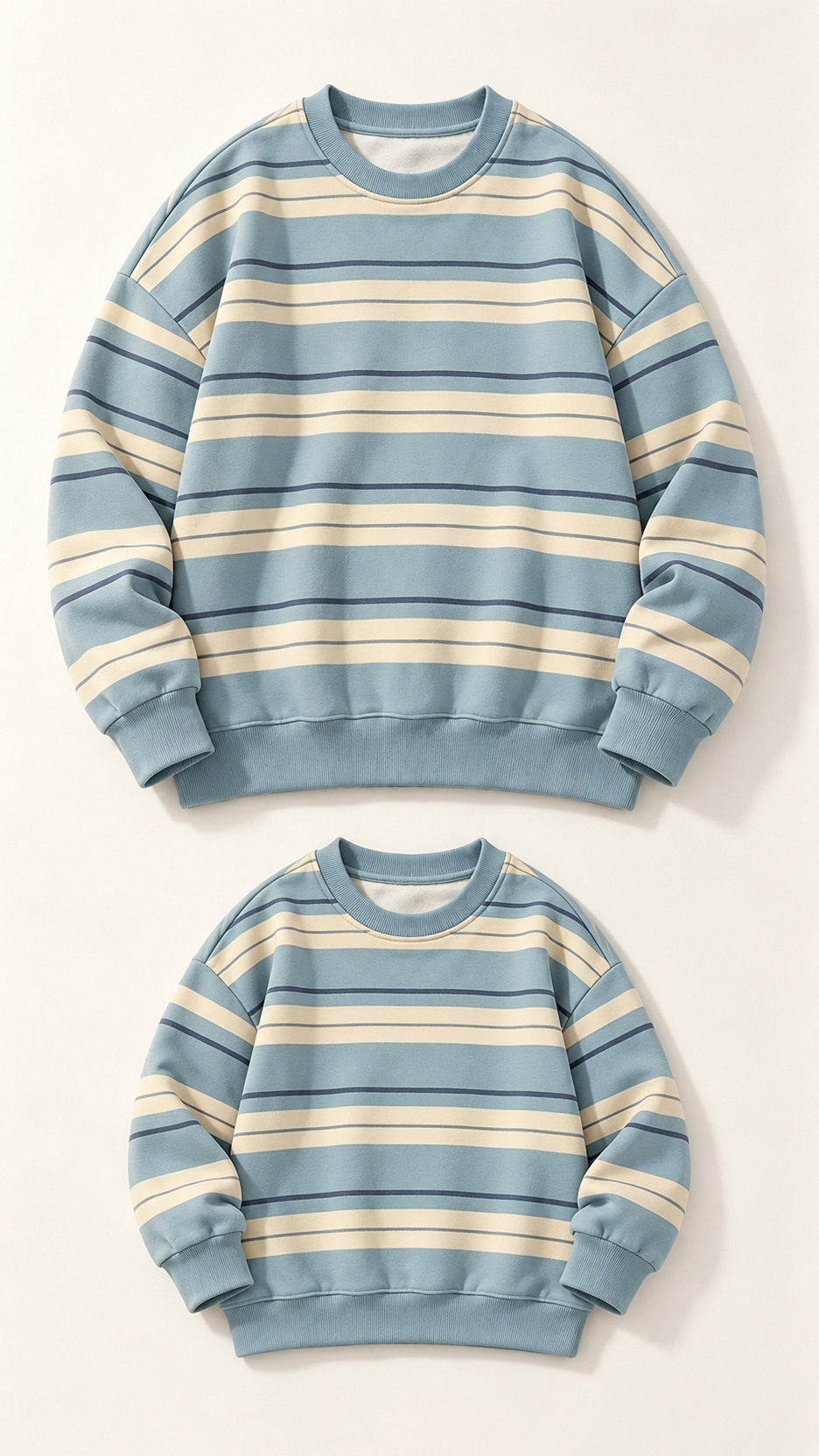 Sky Blue Stripe matching sweatshirts for an adult and a child, laid out without models.