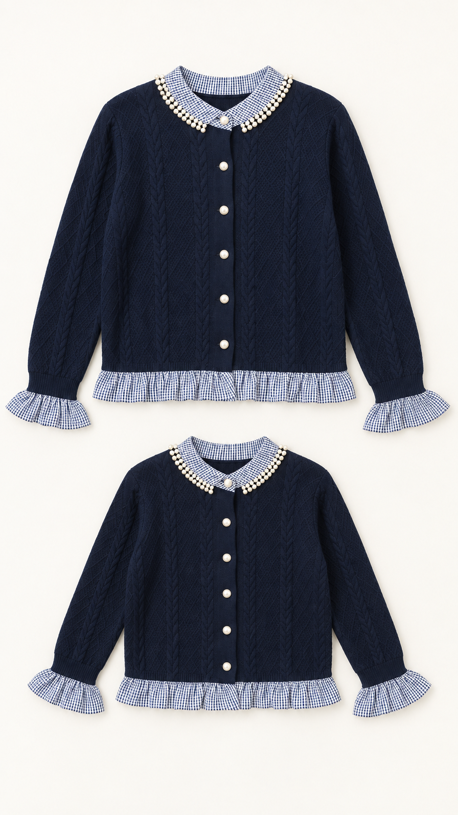 Pulls en tricot Navy Pearl Gingham assortis, pour une femme et un enfant, présentés sans mannequins.