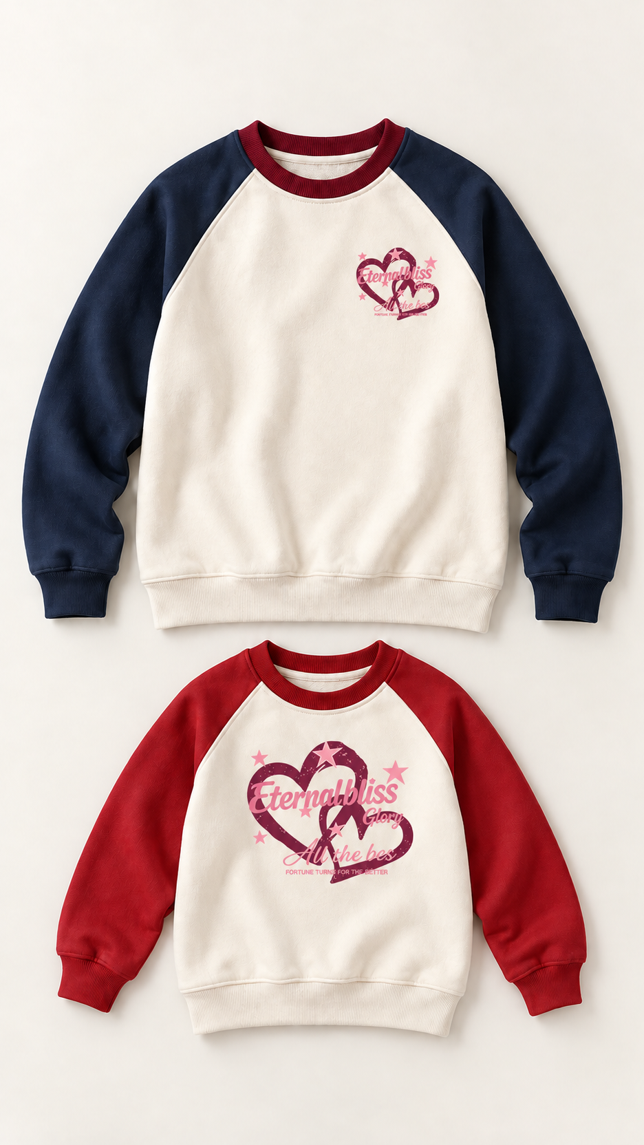 Eternal Bliss Hearts matching sweatshirts for an adult and a child, laid out without models.