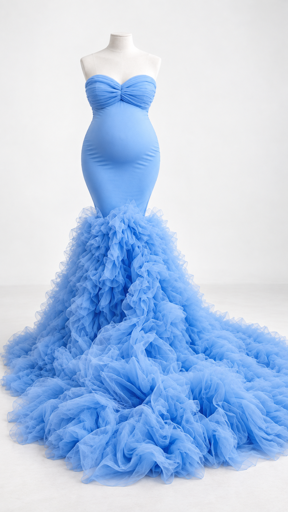 Sky blue strapless mermaid maternity gown with tiered ruffled tulle skirt and train