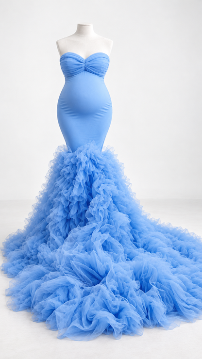 Sky blue strapless mermaid maternity gown with tiered ruffled tulle skirt and train