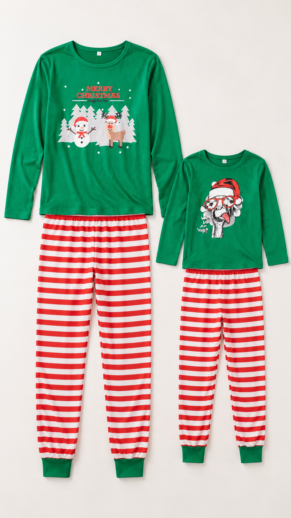 Snowy Village Stripes matching Christmas pajama sets for an adult and a child, laid out without models.