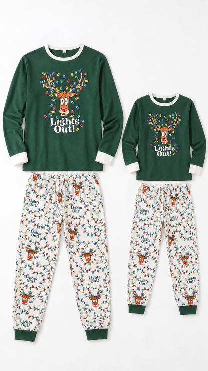 Lights Out Reindeer matching Christmas pajama sets for an adult and a child, laid out without models.