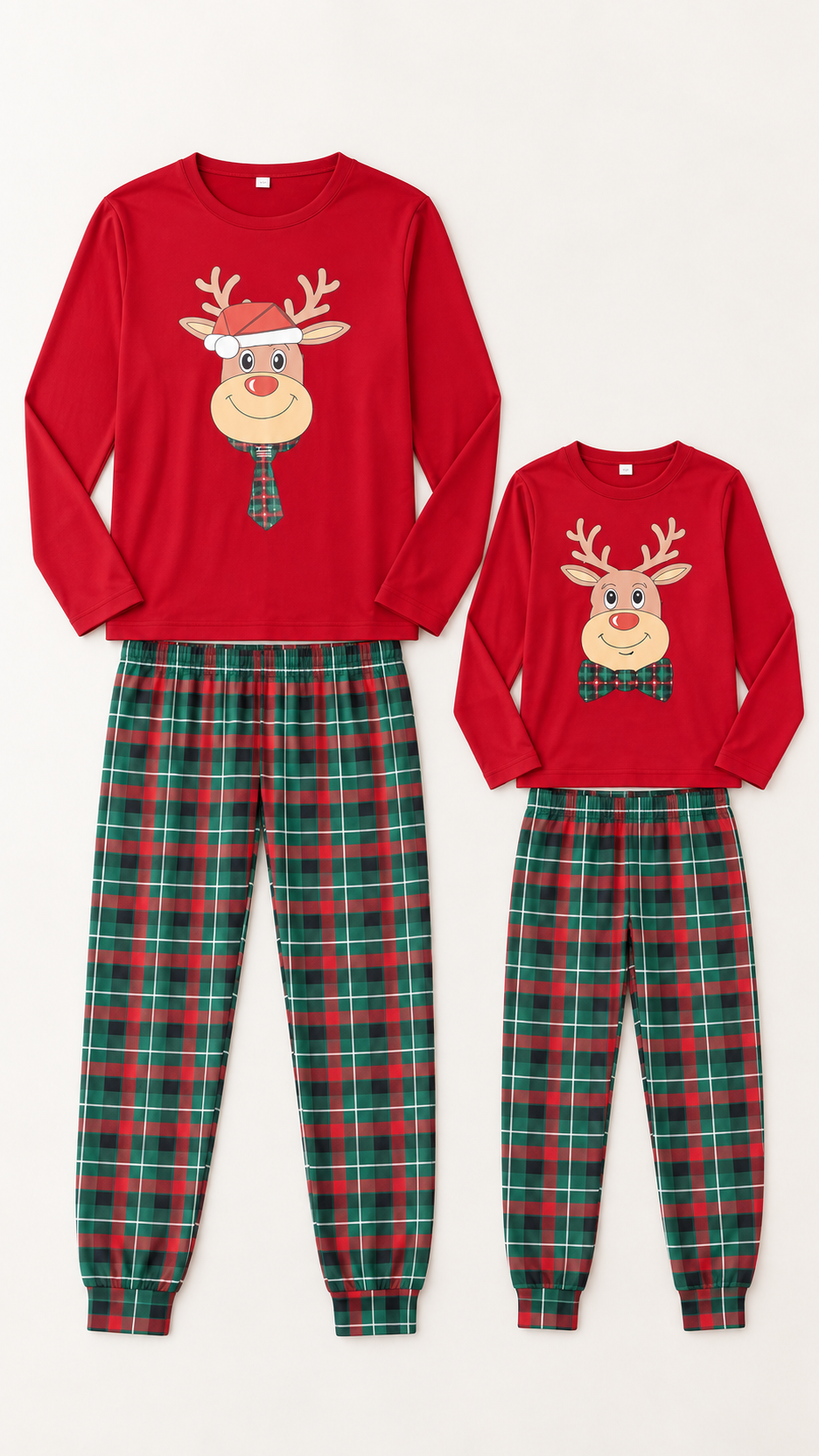 Plaid Reindeer matching Christmas pajama sets for an adult and a child, laid out without models.