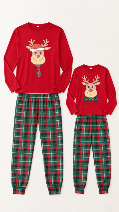 Plaid Reindeer matching Christmas pajama sets for an adult and a child, laid out without models.