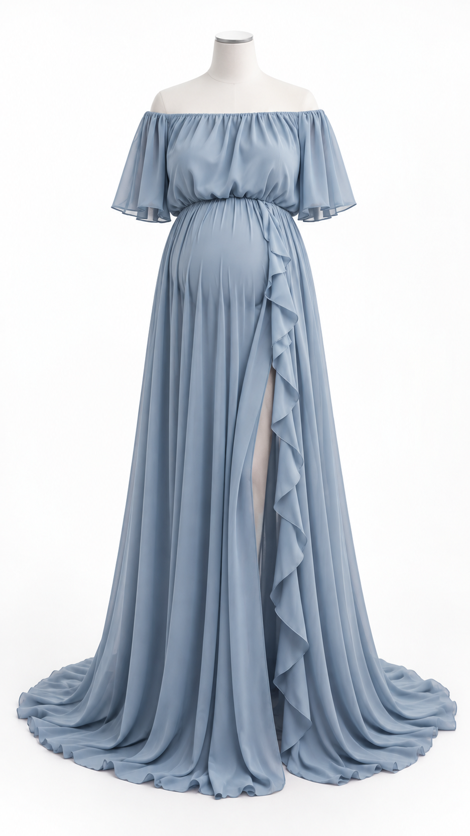 Dusty blue off-shoulder maternity gown with flutter sleeves and ruffled slit skirt on a dress form